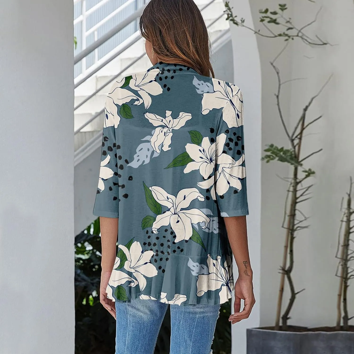 Summer Cardigan for Women 3/4 Length Open Front Draped Cardigan Ruffle Kimono Cover Up Loose Floral Print with Pockets