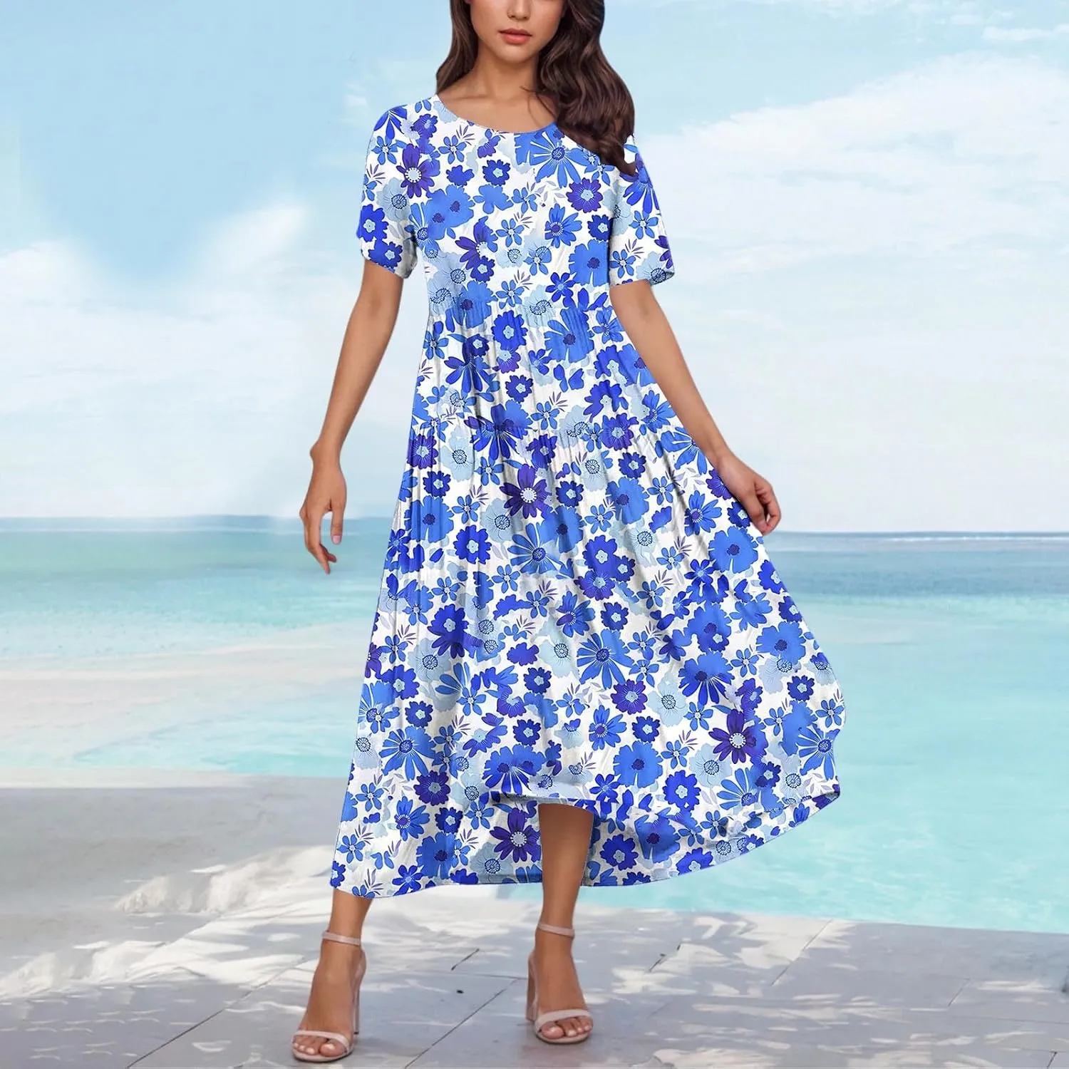 Summer Dresses for Women 2025 Floral Graphic Short Sleeve Crewneck Flowy Midi Dress Spring Dress
