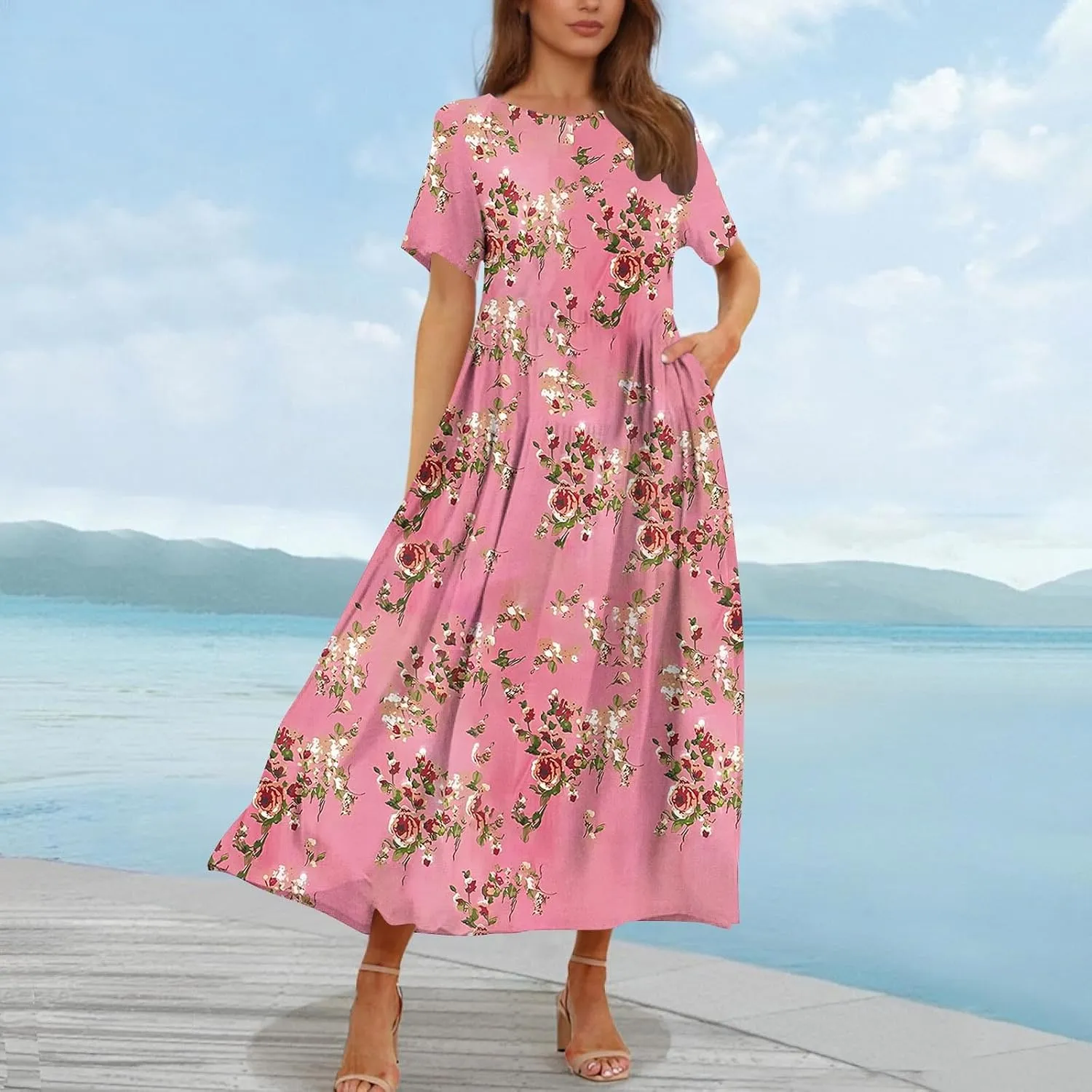 Summer Dresses for Women 2025 Floral Graphic Short Sleeve Crewneck Flowy Midi Dress Spring Dress
