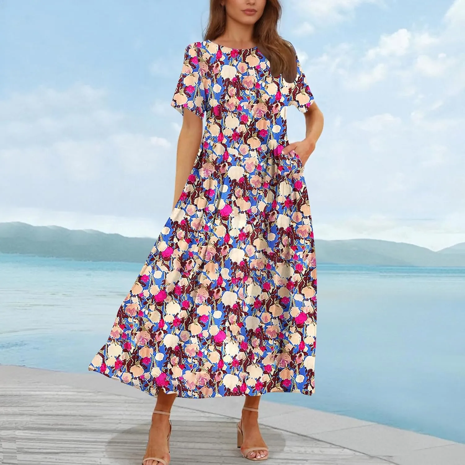 Summer Dresses for Women 2025 Floral Graphic Short Sleeve Crewneck Flowy Midi Dress Spring Dress