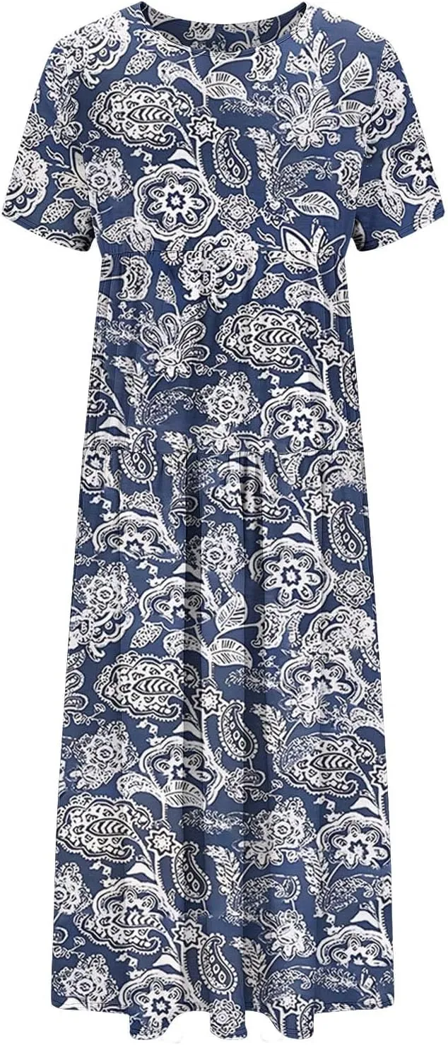 Summer Dresses for Women 2025 Floral Graphic Short Sleeve Crewneck Flowy Midi Dress Spring Dress