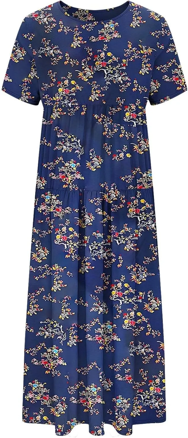 Summer Dresses for Women 2025 Floral Graphic Short Sleeve Crewneck Flowy Midi Dress Spring Dress