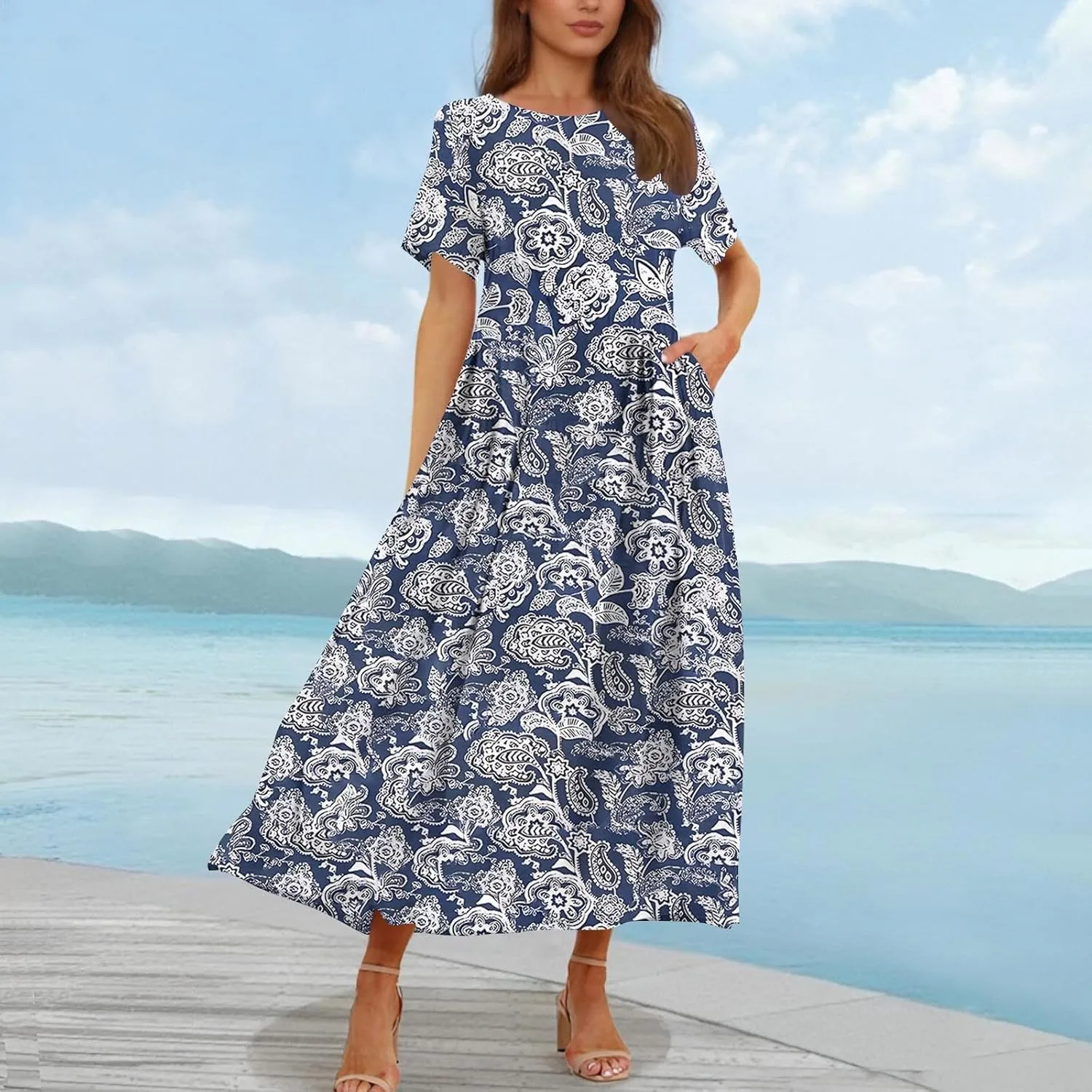 Summer Dresses for Women 2025 Floral Graphic Short Sleeve Crewneck Flowy Midi Dress Spring Dress