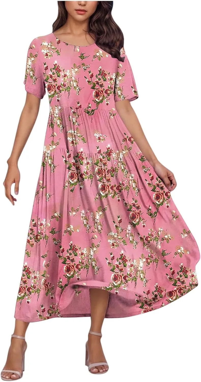 Summer Dresses for Women 2025 Floral Graphic Short Sleeve Crewneck Flowy Midi Dress Spring Dress