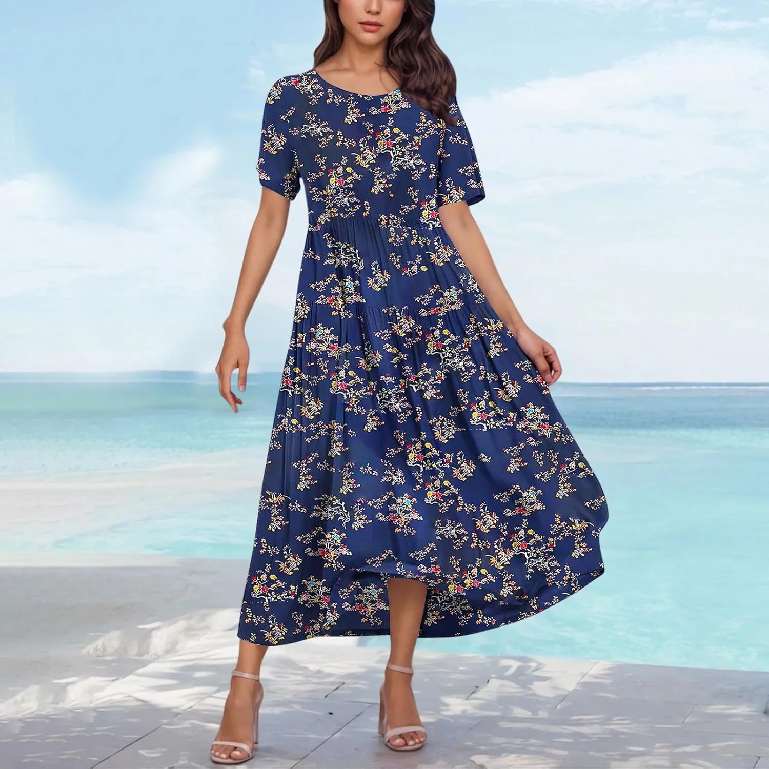 Summer Dresses for Women 2025 Floral Graphic Short Sleeve Crewneck Flowy Midi Dress Spring Dress