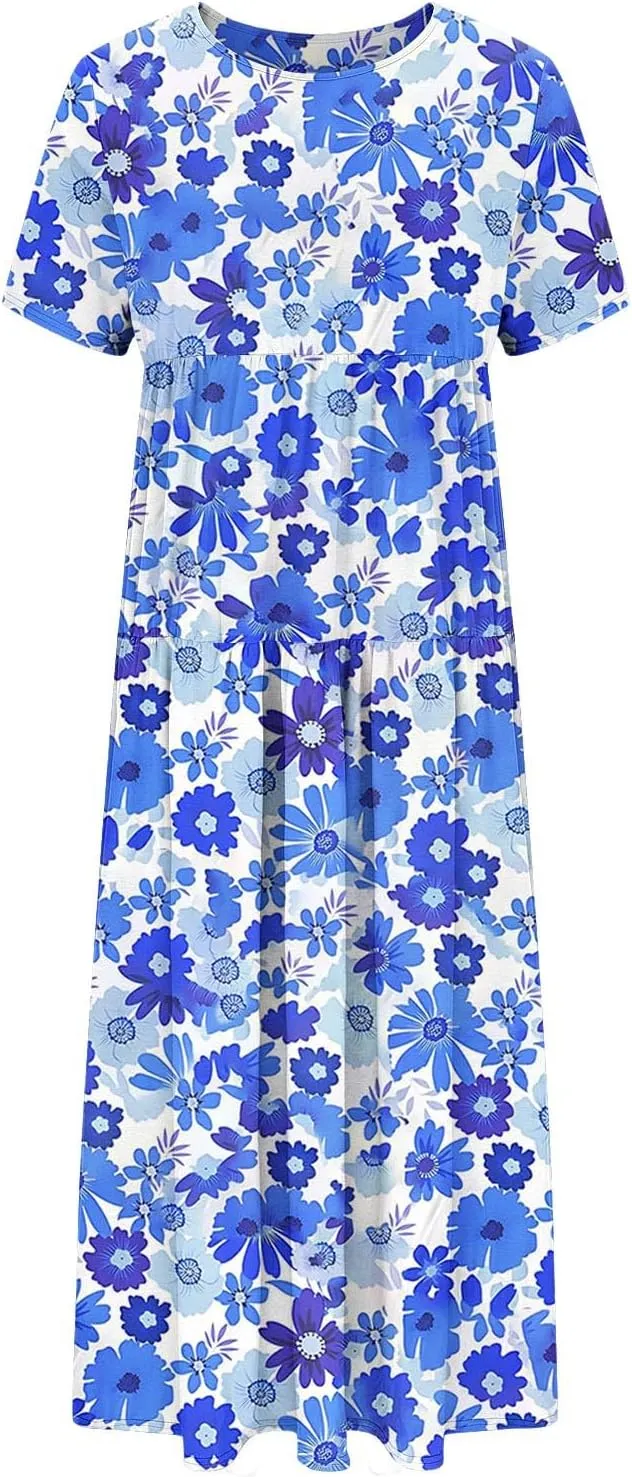 Summer Dresses for Women 2025 Floral Graphic Short Sleeve Crewneck Flowy Midi Dress Spring Dress