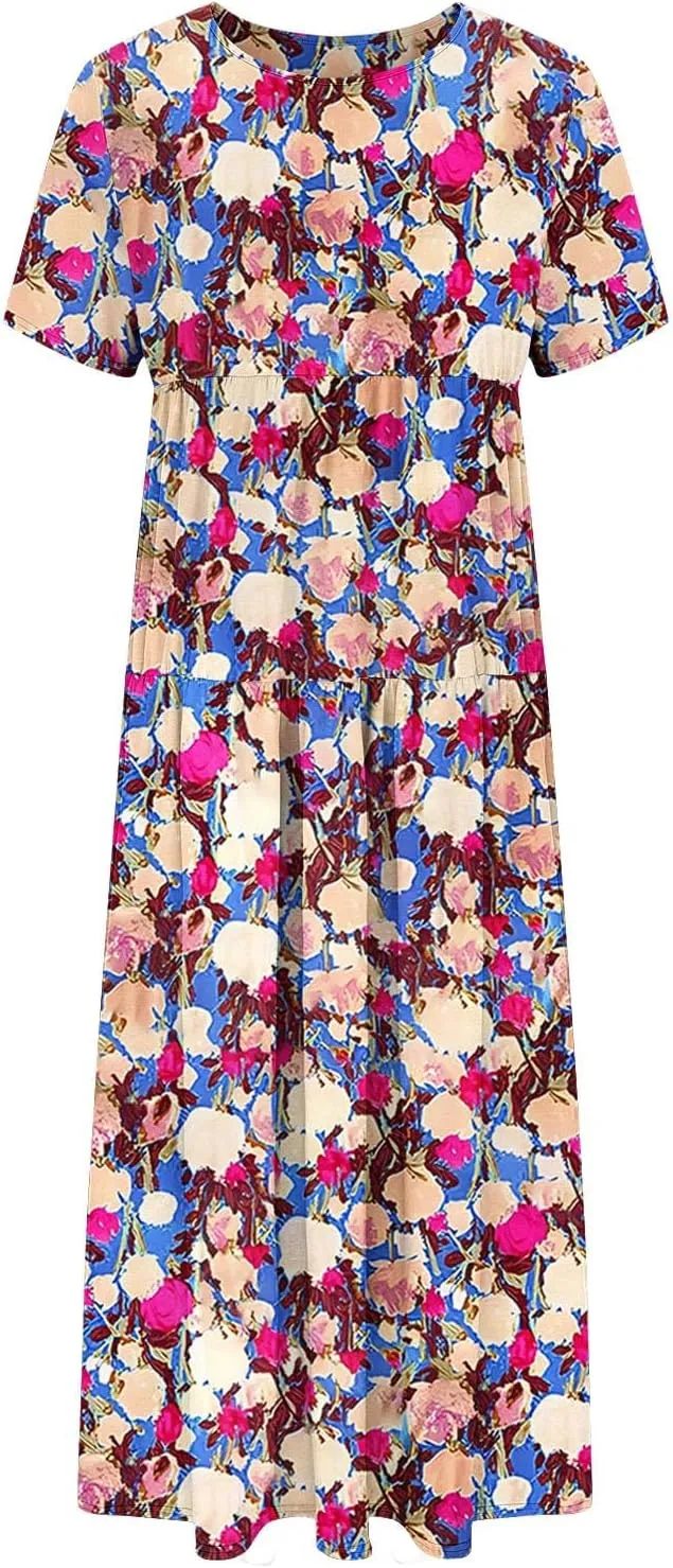 Summer Dresses for Women 2025 Floral Graphic Short Sleeve Crewneck Flowy Midi Dress Spring Dress