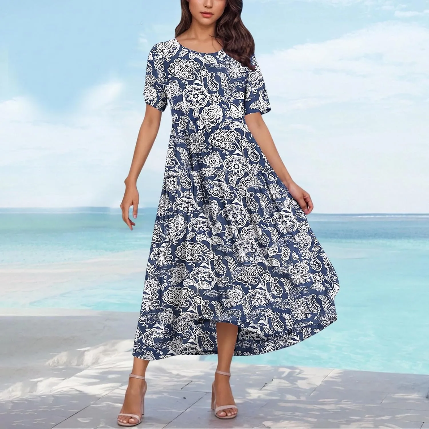 Summer Dresses for Women 2025 Floral Graphic Short Sleeve Crewneck Flowy Midi Dress Spring Dress
