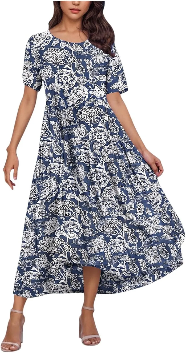 Summer Dresses for Women 2025 Floral Graphic Short Sleeve Crewneck Flowy Midi Dress Spring Dress