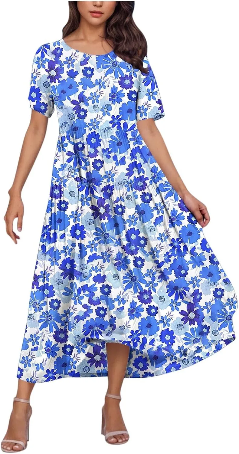 Summer Dresses for Women 2025 Floral Graphic Short Sleeve Crewneck Flowy Midi Dress Spring Dress