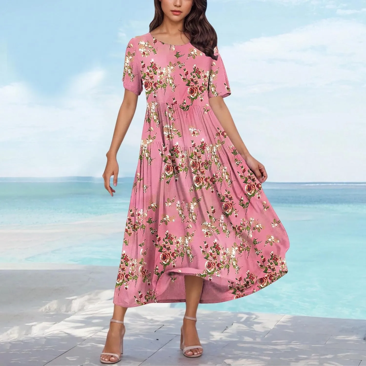 Summer Dresses for Women 2025 Floral Graphic Short Sleeve Crewneck Flowy Midi Dress Spring Dress