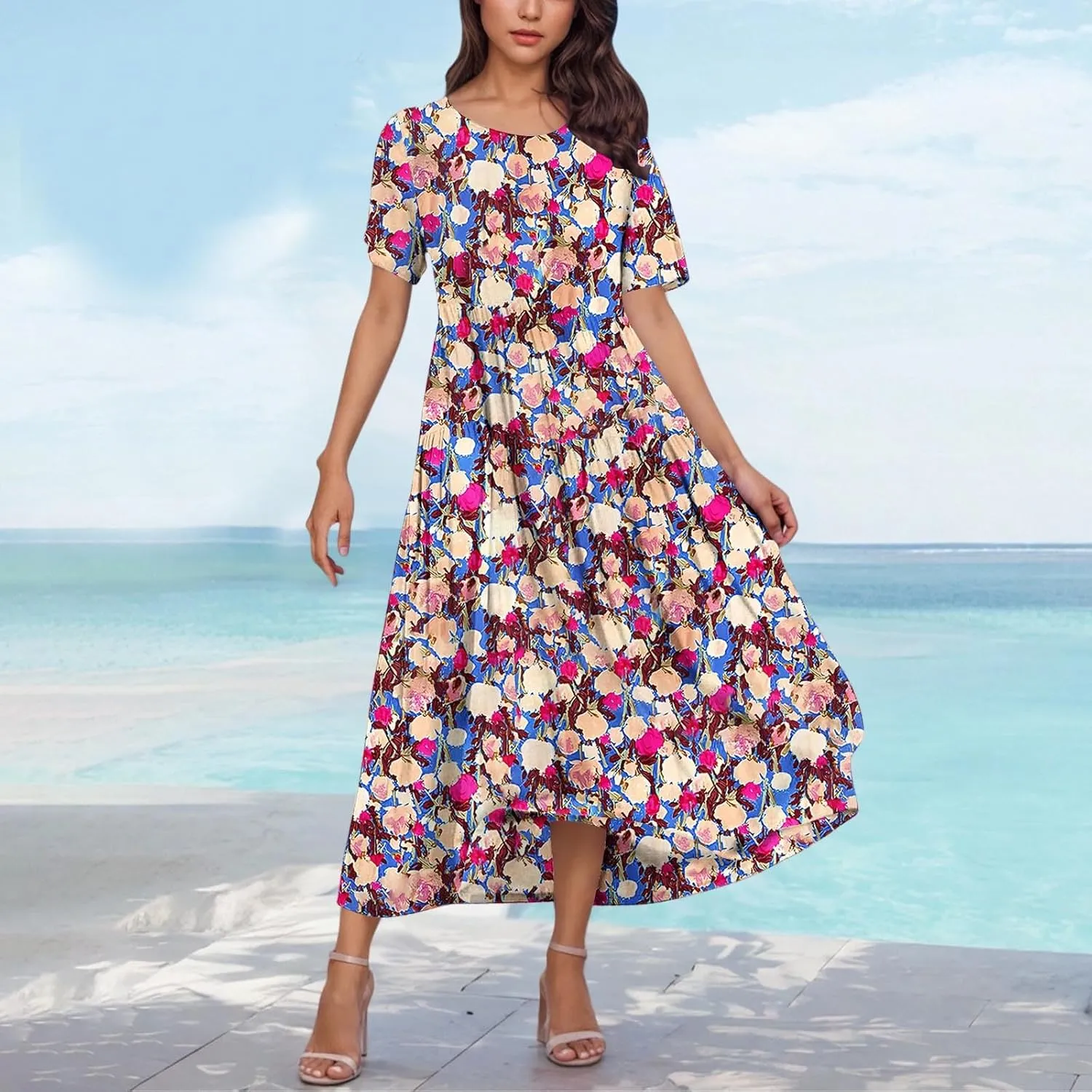 Summer Dresses for Women 2025 Floral Graphic Short Sleeve Crewneck Flowy Midi Dress Spring Dress