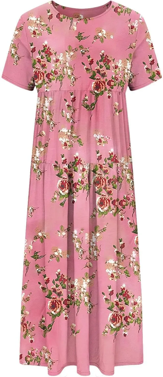 Summer Dresses for Women 2025 Floral Graphic Short Sleeve Crewneck Flowy Midi Dress Spring Dress