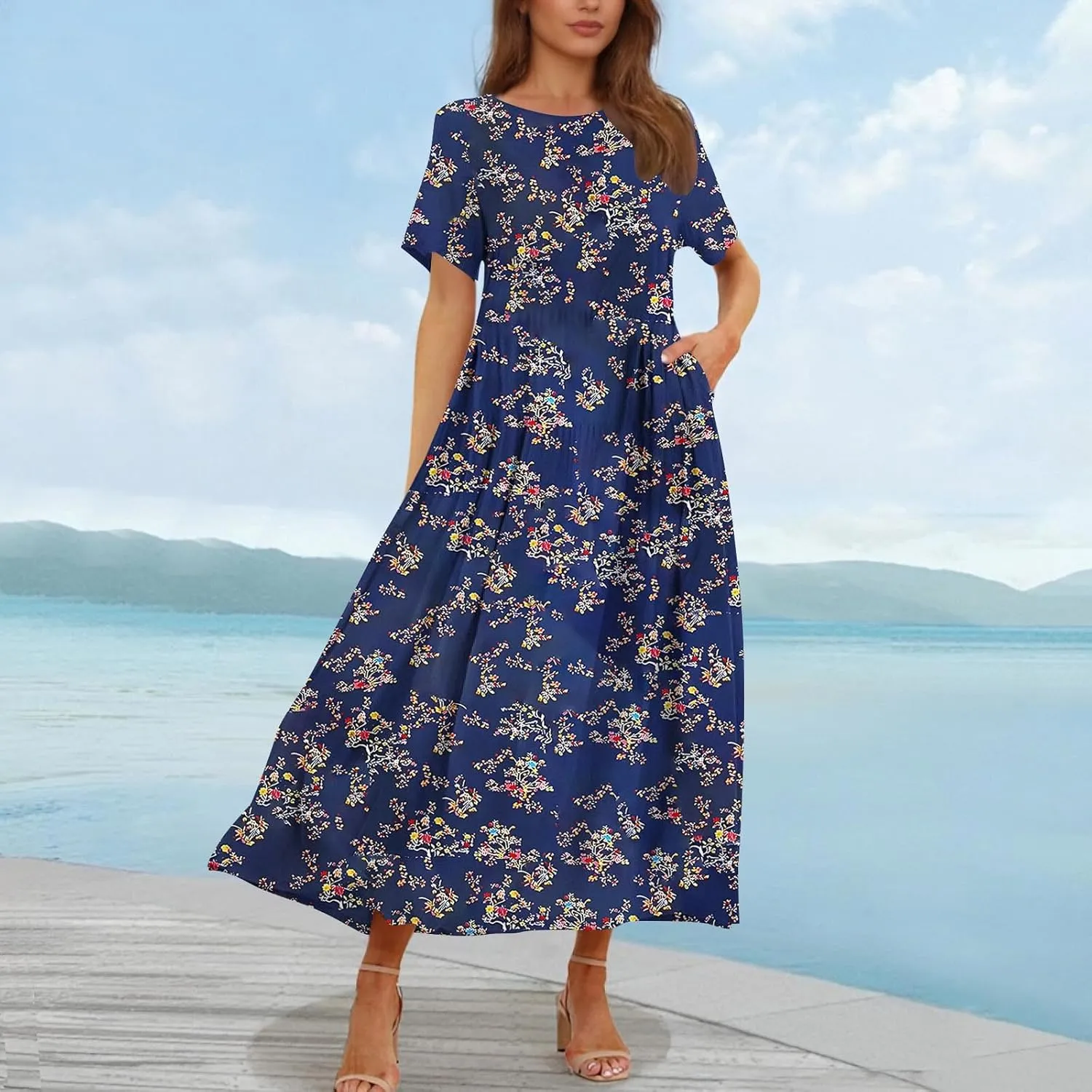 Summer Dresses for Women 2025 Floral Graphic Short Sleeve Crewneck Flowy Midi Dress Spring Dress