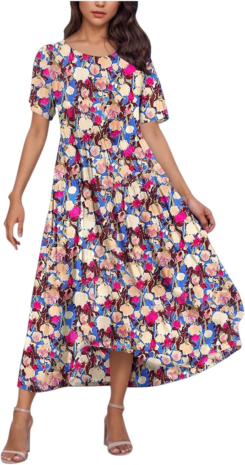 Summer Dresses for Women 2025 Floral Graphic Short Sleeve Crewneck Flowy Midi Dress Spring Dress