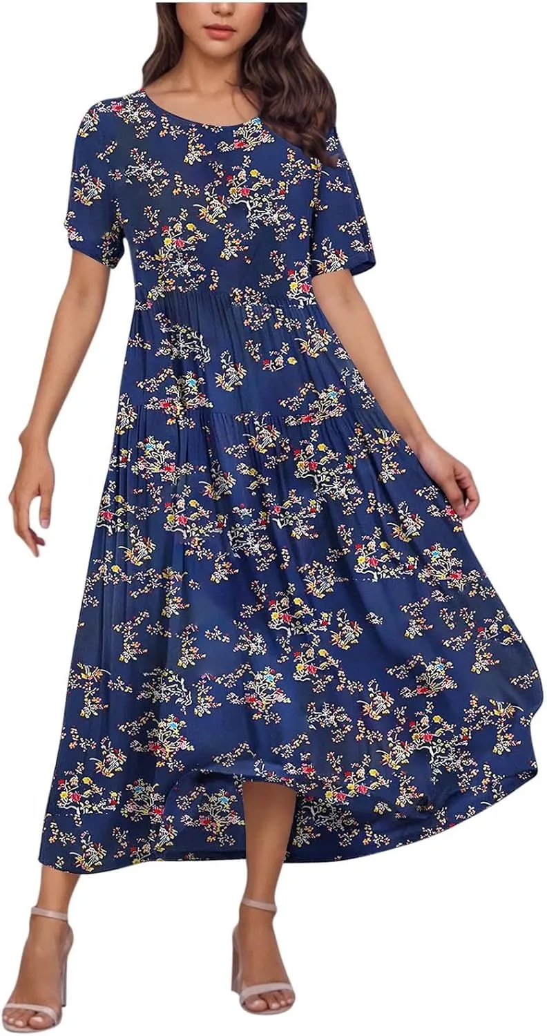 Summer Dresses for Women 2025 Floral Graphic Short Sleeve Crewneck Flowy Midi Dress Spring Dress