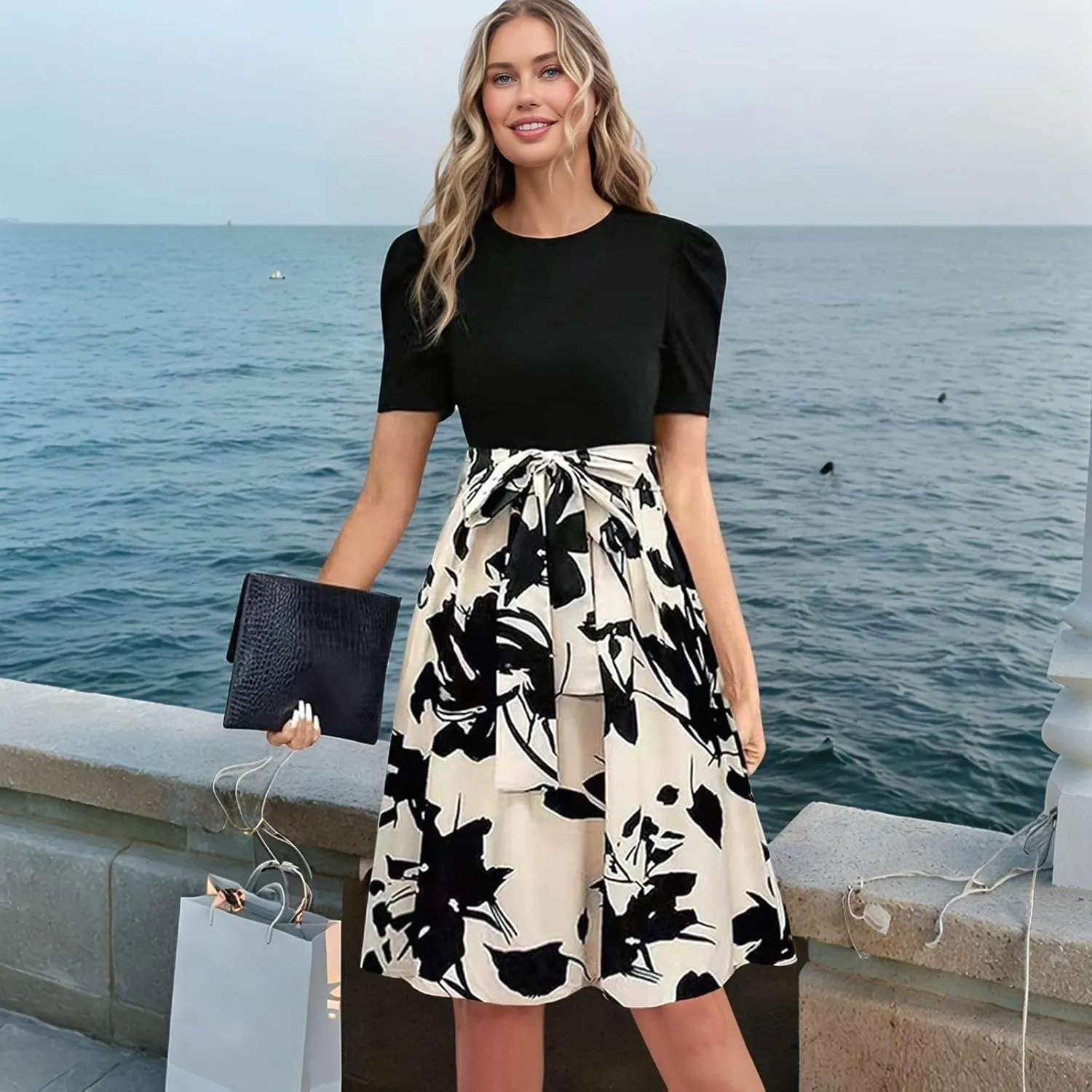 Summer Dresses for Women 2025 Floral Print Wrap Short Sleeve Midi Dress Elegant Patchwork Ruffle Hem A Line Dress
