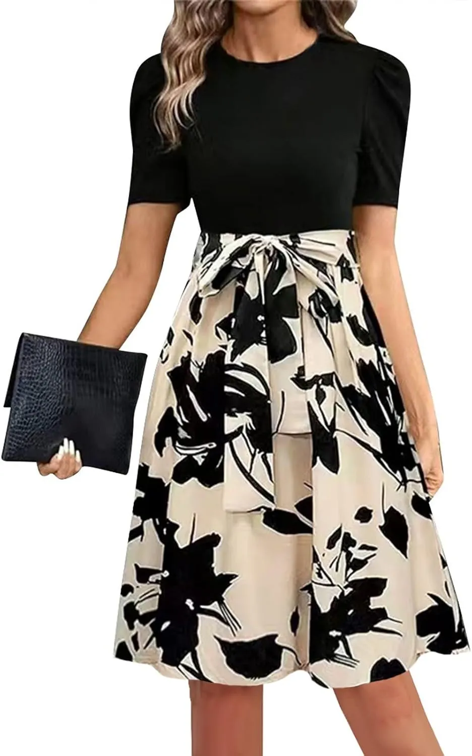 Summer Dresses for Women 2025 Floral Print Wrap Short Sleeve Midi Dress Elegant Patchwork Ruffle Hem A Line Dress