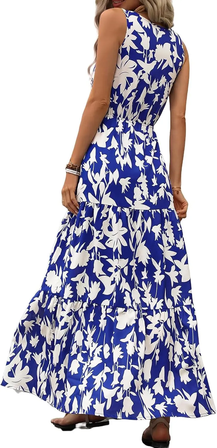 Summer Dresses for Women 2025 Sleeveless Flowy Dresses Cute Floral Maxi Dress Casual Vacation Wedding Guest Dress