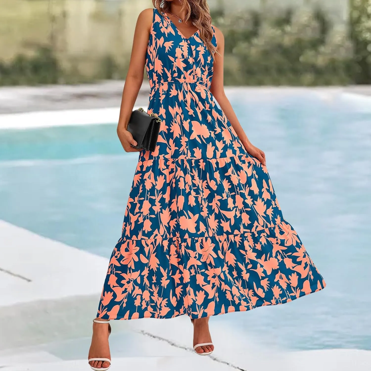 Summer Dresses for Women 2025 Sleeveless Flowy Dresses Cute Floral Maxi Dress Casual Vacation Wedding Guest Dress