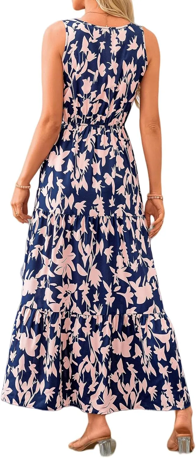 Summer Dresses for Women 2025 Sleeveless Flowy Dresses Cute Floral Maxi Dress Casual Vacation Wedding Guest Dress
