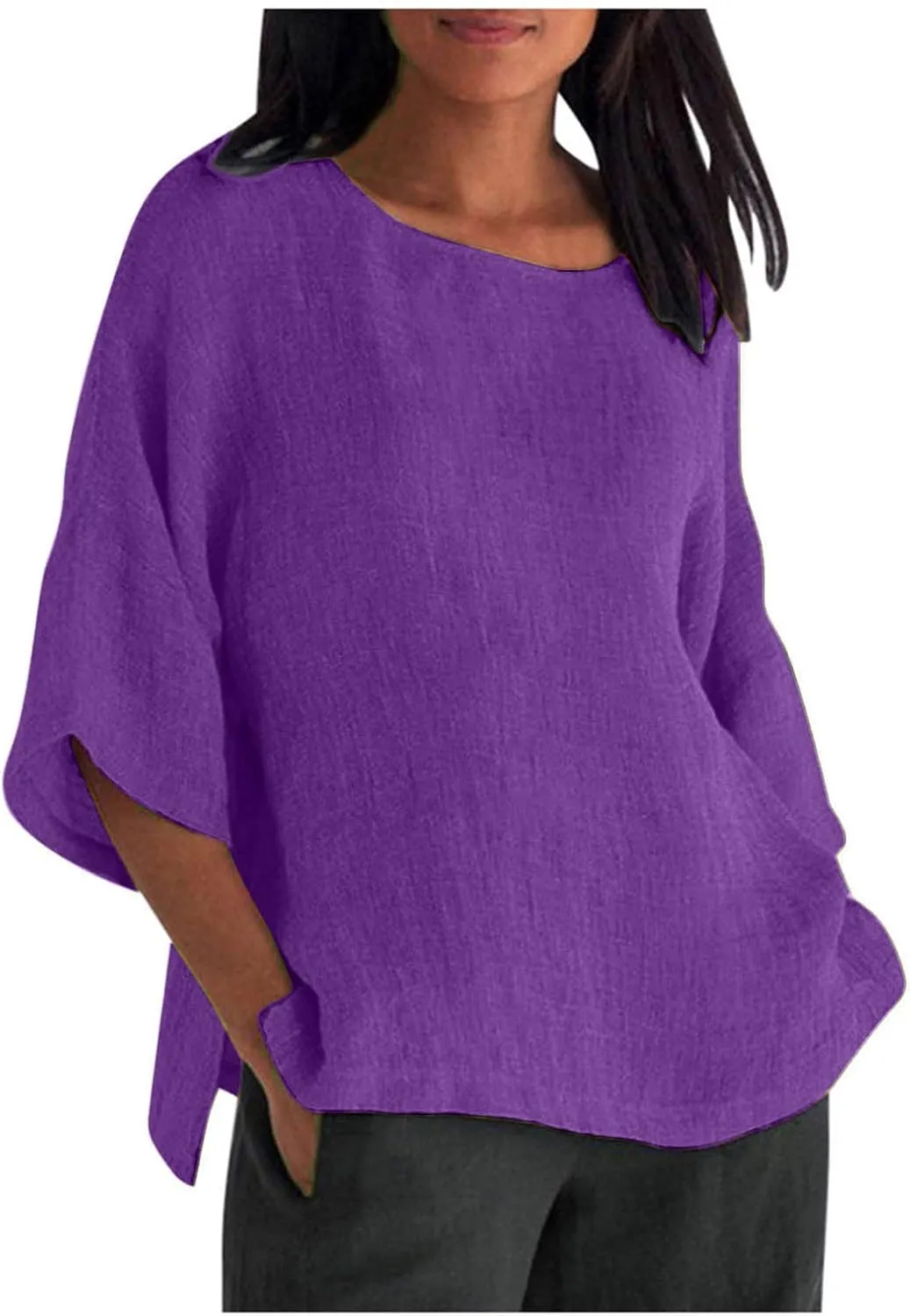 Summer Linen Tops Women Plus Size Casual Shirts 3/4 Sleeve Loose Tee Shirts Crew Neck Beach T-Shirts Oversized Blouse