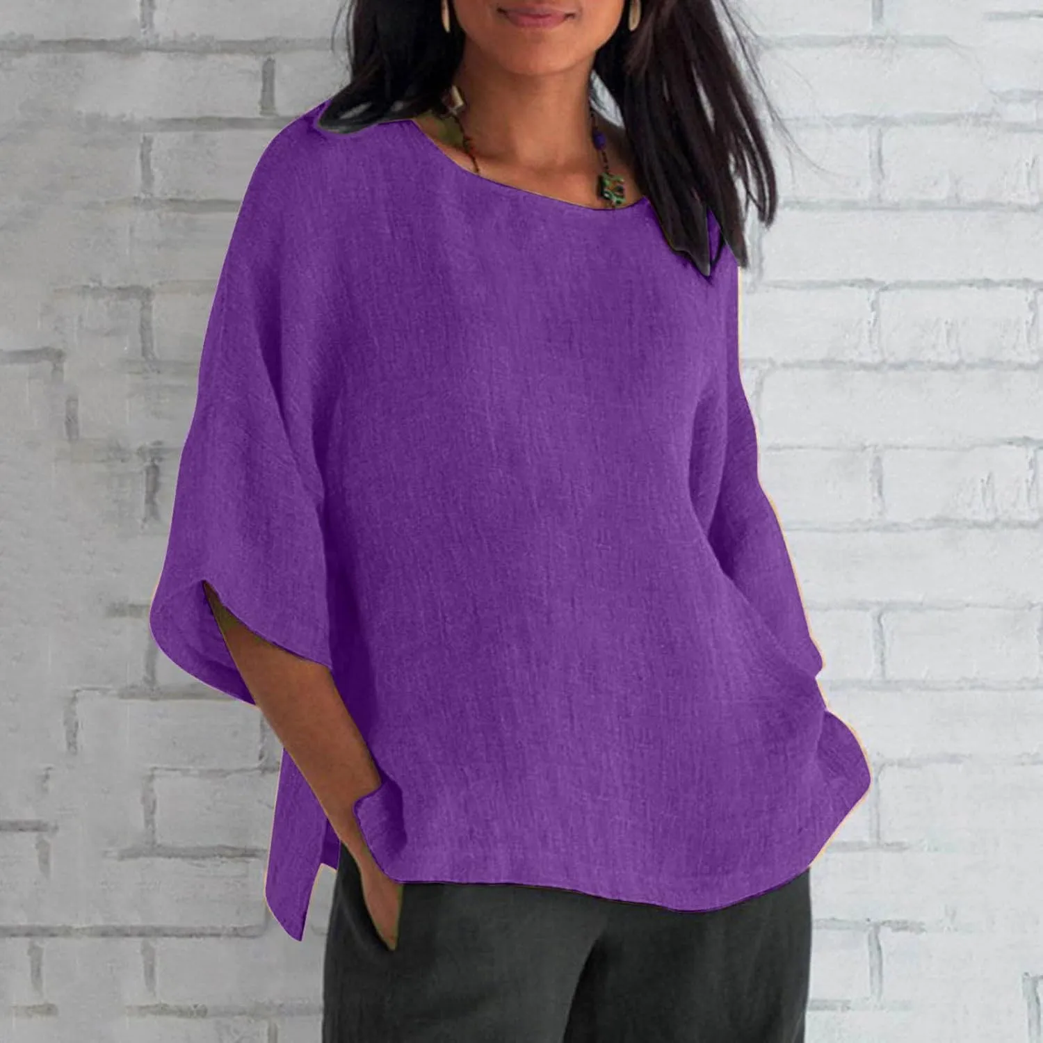 Summer Linen Tops Women Plus Size Casual Shirts 3/4 Sleeve Loose Tee Shirts Crew Neck Beach T-Shirts Oversized Blouse