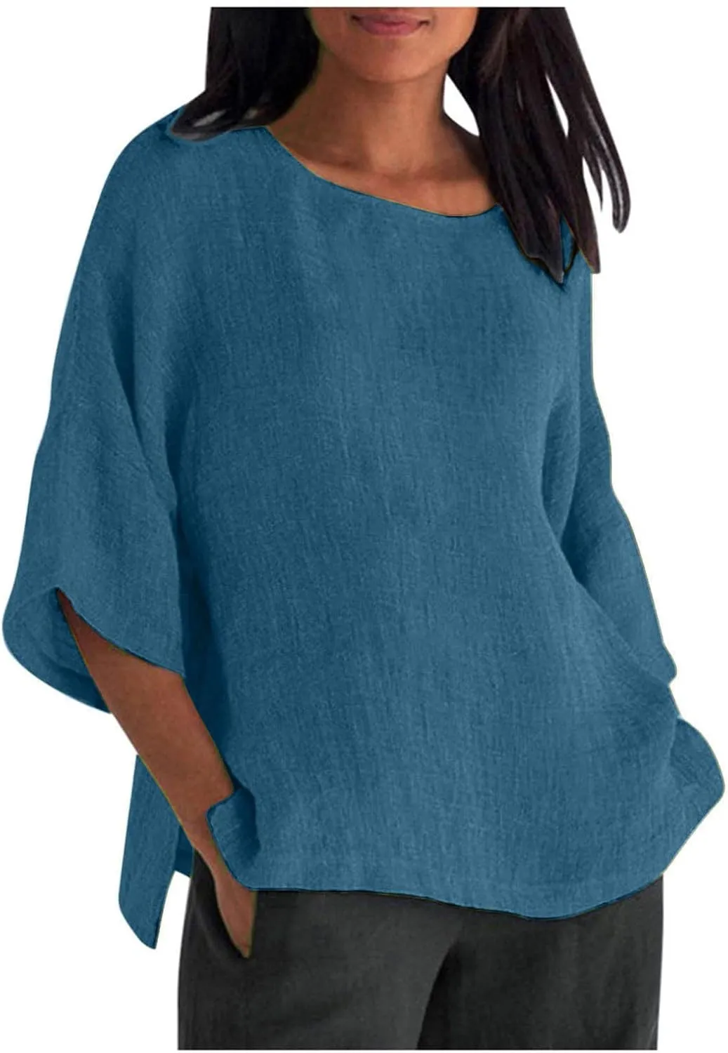 Summer Linen Tops Women Plus Size Casual Shirts 3/4 Sleeve Loose Tee Shirts Crew Neck Beach T-Shirts Oversized Blouse