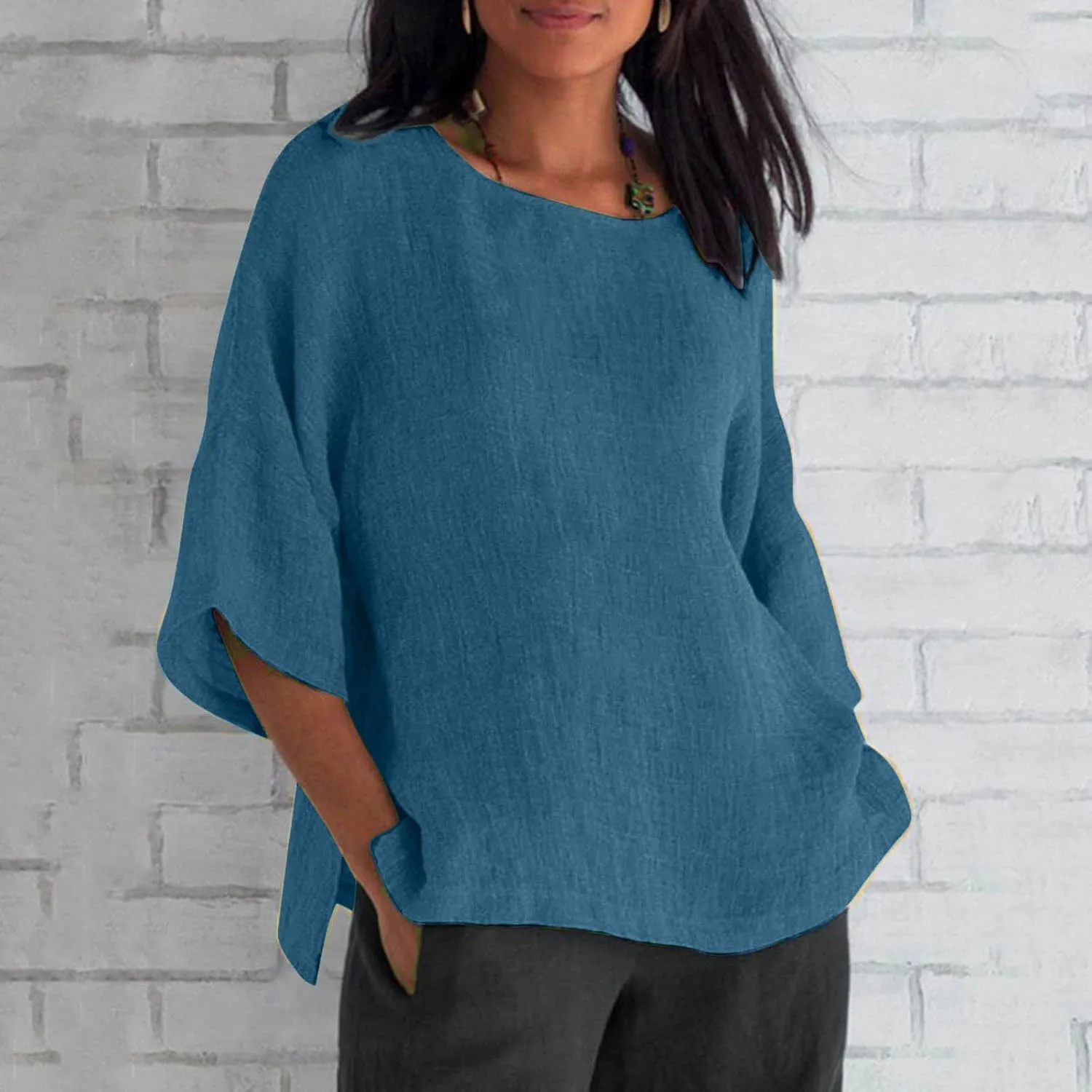 Summer Linen Tops Women Plus Size Casual Shirts 3/4 Sleeve Loose Tee Shirts Crew Neck Beach T-Shirts Oversized Blouse