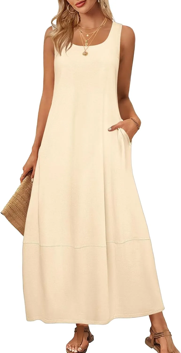 Summer Maxi Dresses for Women Sleeveless Crewneck Loose Tank Dress A Line Beach Flowy Vacation Sundress