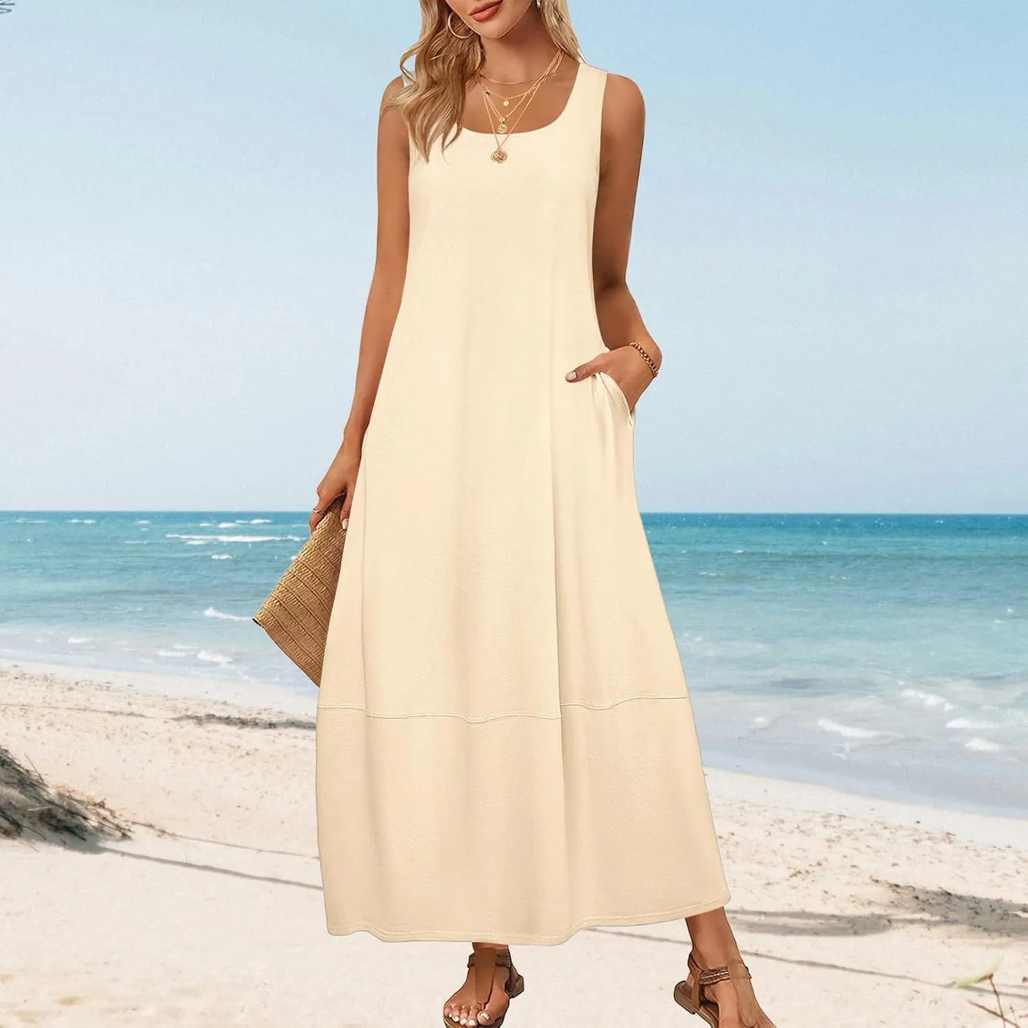 Summer Maxi Dresses for Women Sleeveless Crewneck Loose Tank Dress A Line Beach Flowy Vacation Sundress