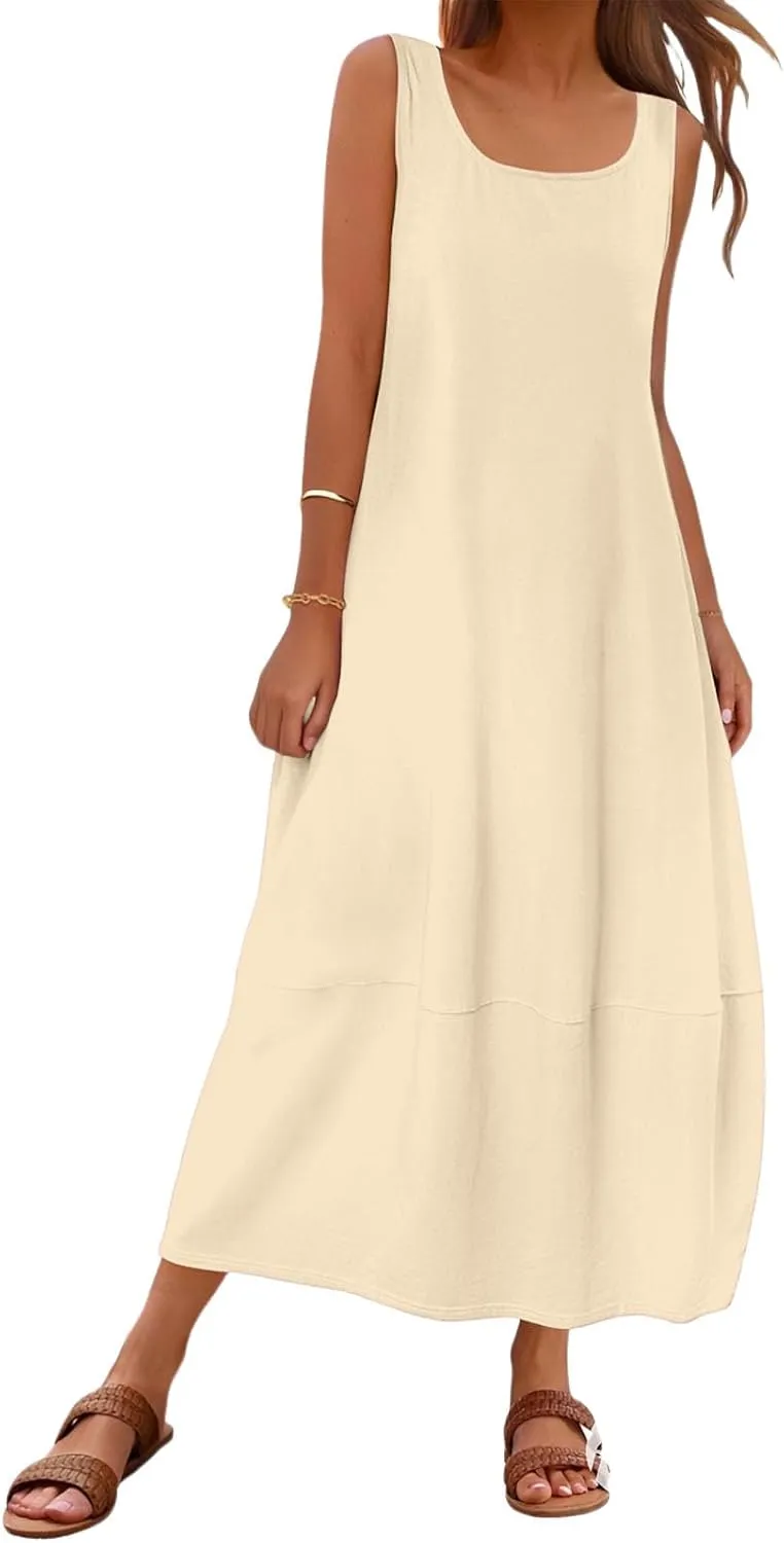 Summer Maxi Dresses for Women Sleeveless Crewneck Loose Tank Dress A Line Beach Flowy Vacation Sundress
