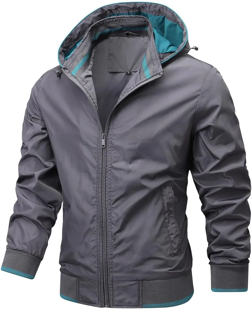 Thatrich Waterproof Rain Jacket Mens Lightweight Windbreaker Hoodie Zip Up Long Sleeve Jackets Removable Hood Coat for Hiking