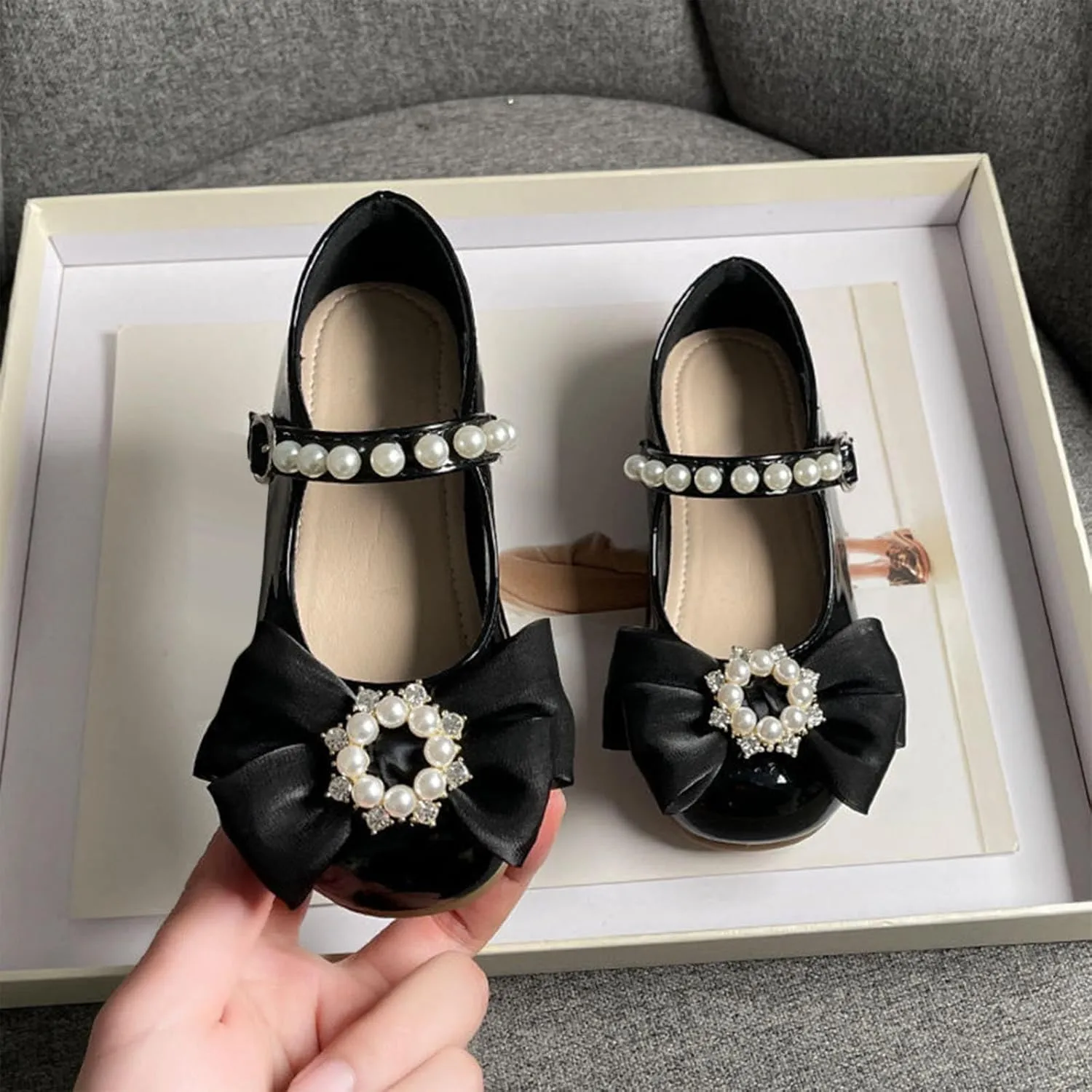 Toddler Girls Dress Shoes Flower Girl Flat Pearls Bow Mary Jane Wedding Party Formal Shoes Little Girls Knee High Shoes