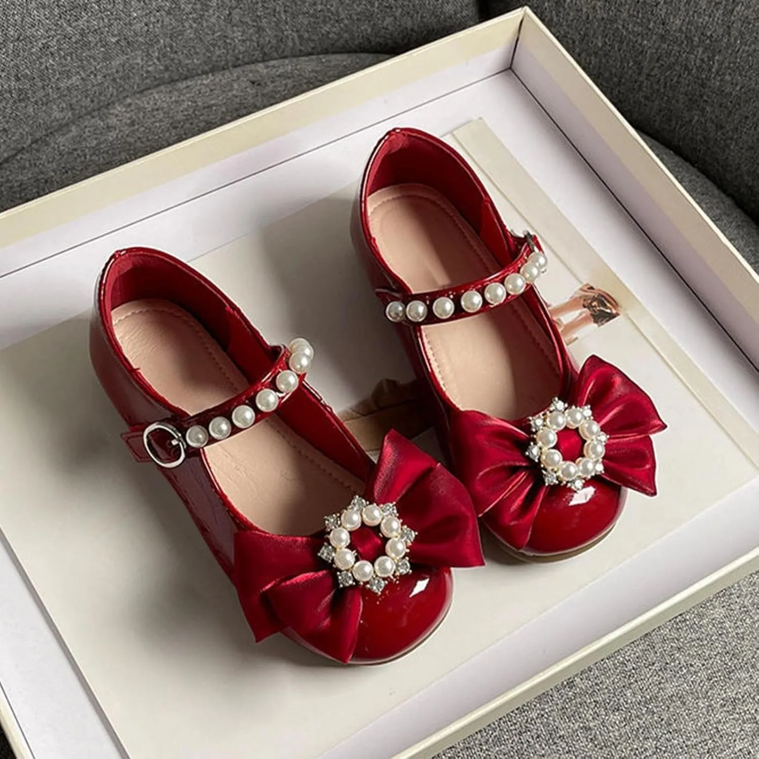 Toddler Girls Dress Shoes Flower Girl Flat Pearls Bow Mary Jane Wedding Party Formal Shoes Little Girls Knee High Shoes