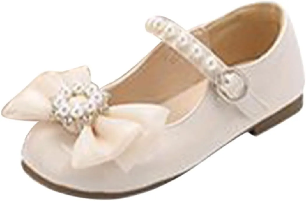 Toddler Girls Dress Shoes Flower Girl Flat Pearls Bow Mary Jane Wedding Party Formal Shoes Little Girls Knee High Shoes
