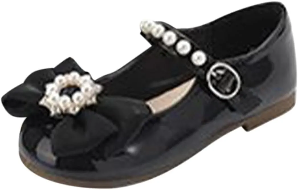 Toddler Girls Dress Shoes Flower Girl Flat Pearls Bow Mary Jane Wedding Party Formal Shoes Little Girls Knee High Shoes