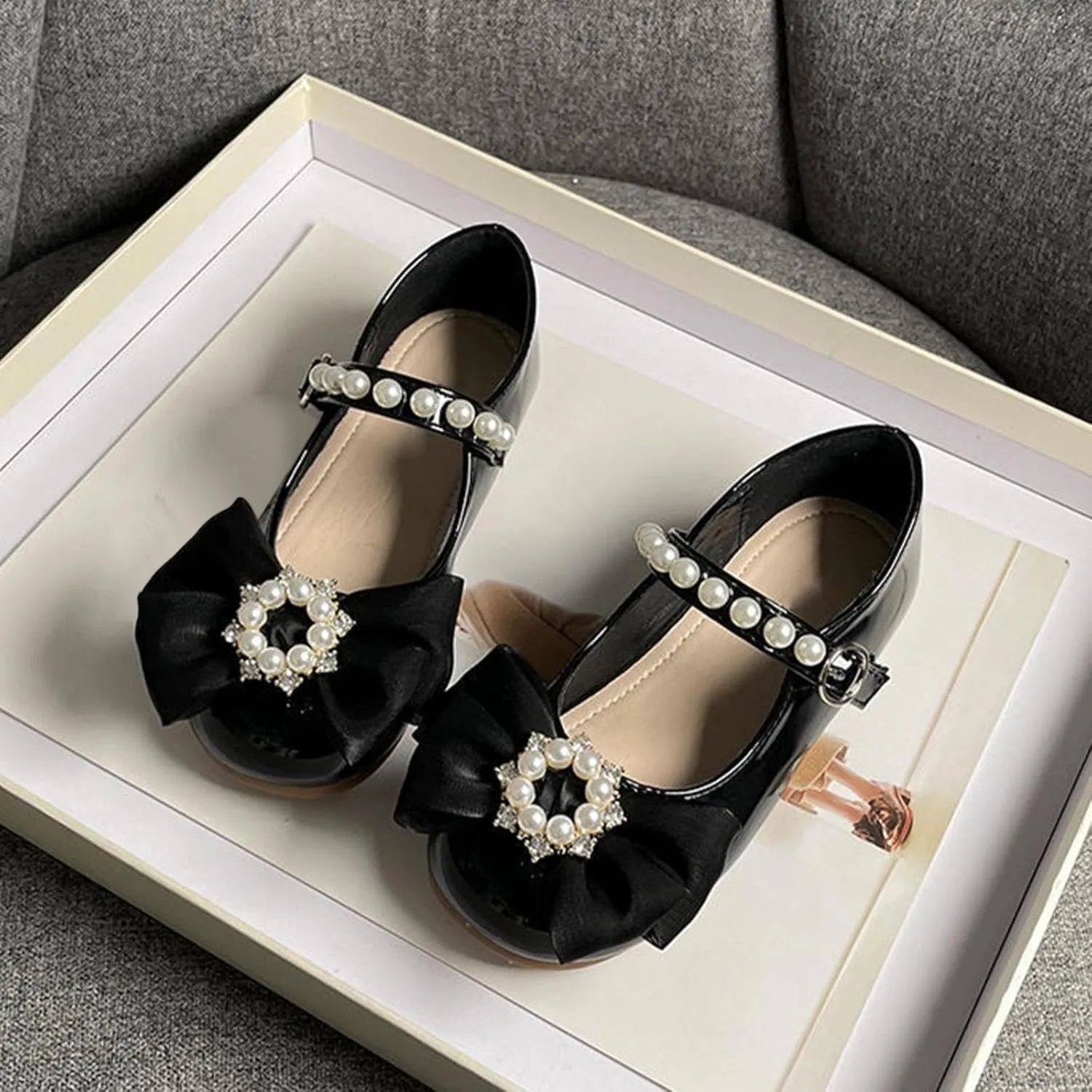 Toddler Girls Dress Shoes Flower Girl Flat Pearls Bow Mary Jane Wedding Party Formal Shoes Little Girls Knee High Shoes