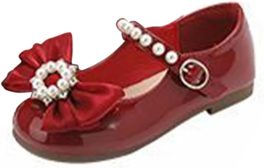 Toddler Girls Dress Shoes Flower Girl Flat Pearls Bow Mary Jane Wedding Party Formal Shoes Little Girls Knee High Shoes