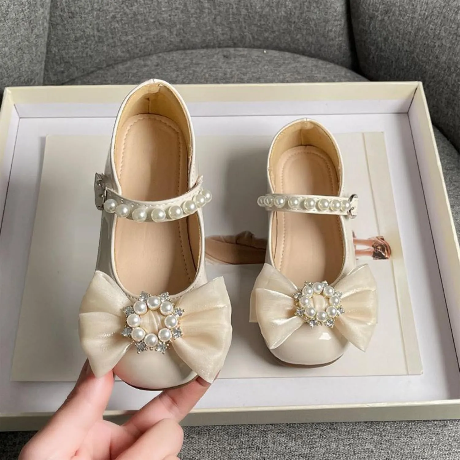 Toddler Girls Dress Shoes Flower Girl Flat Pearls Bow Mary Jane Wedding Party Formal Shoes Little Girls Knee High Shoes