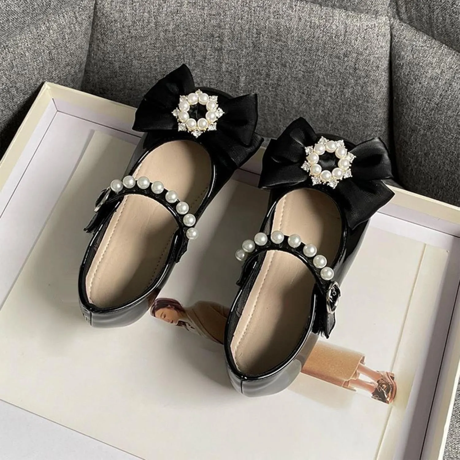 Toddler Girls Dress Shoes Flower Girl Flat Pearls Bow Mary Jane Wedding Party Formal Shoes Little Girls Knee High Shoes