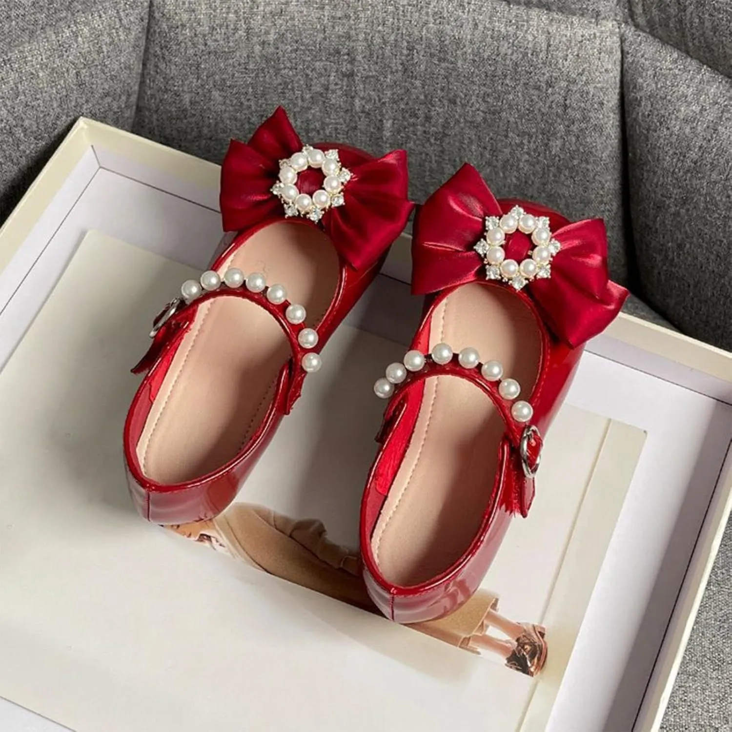Toddler Girls Dress Shoes Flower Girl Flat Pearls Bow Mary Jane Wedding Party Formal Shoes Little Girls Knee High Shoes