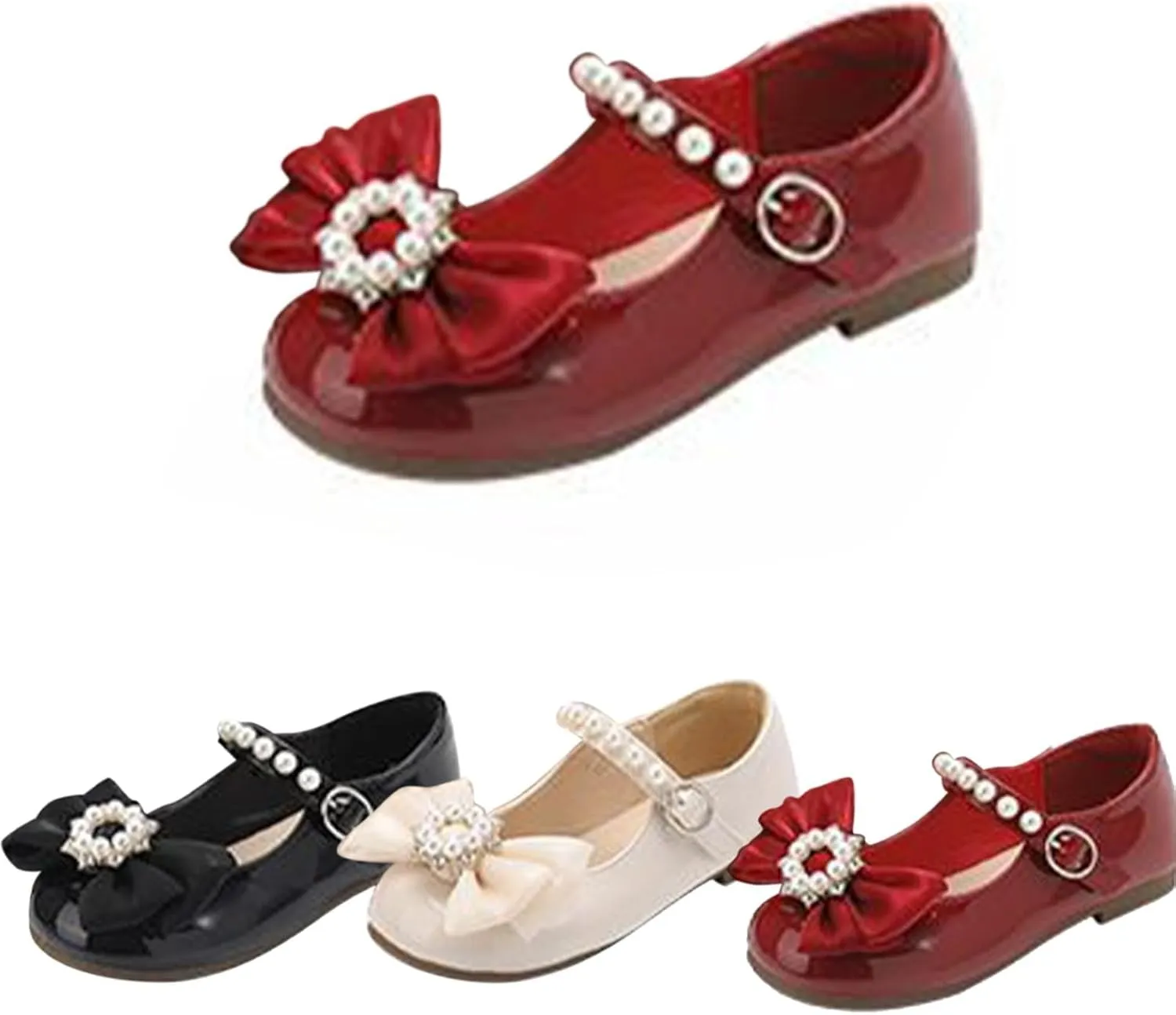 Toddler Girls Dress Shoes Flower Girl Flat Pearls Bow Mary Jane Wedding Party Formal Shoes Little Girls Knee High Shoes