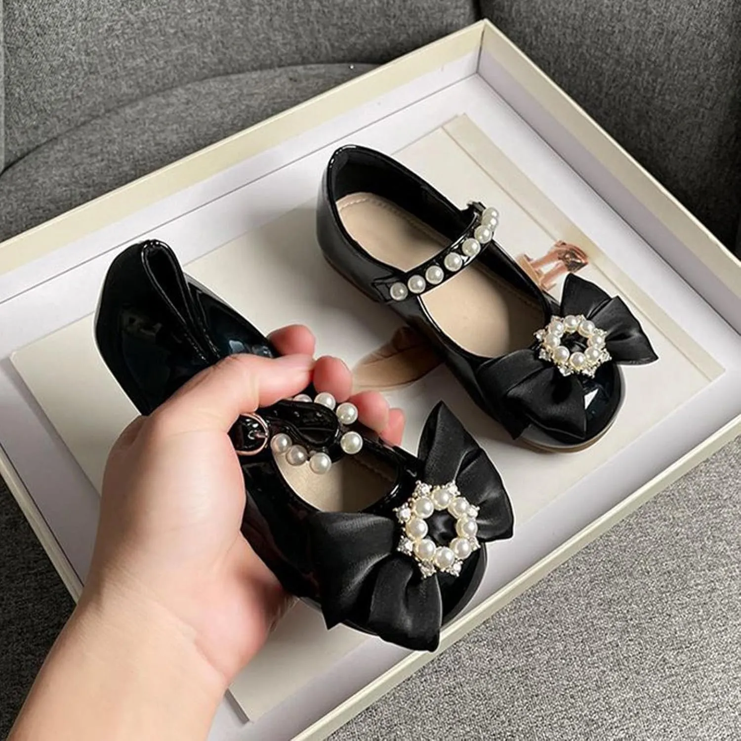 Toddler Girls Dress Shoes Flower Girl Flat Pearls Bow Mary Jane Wedding Party Formal Shoes Little Girls Knee High Shoes