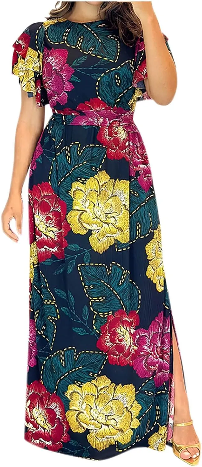 Wedding Guest Dresses for Women 2025 Short Sleeve Casual Flowy Flowy Long Dress Beach Vocation Shift Dress