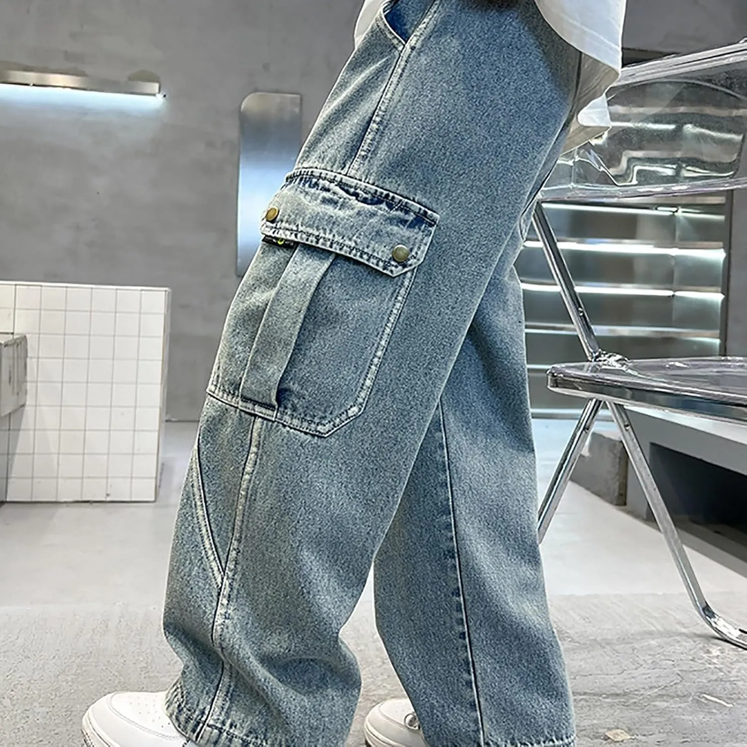 Wide Leg Cargo Jeans for Boy Baggy Elastic High Waist Loose Fit Denim Pants with Pockets Trendy 4-14 Years Kids Trousers