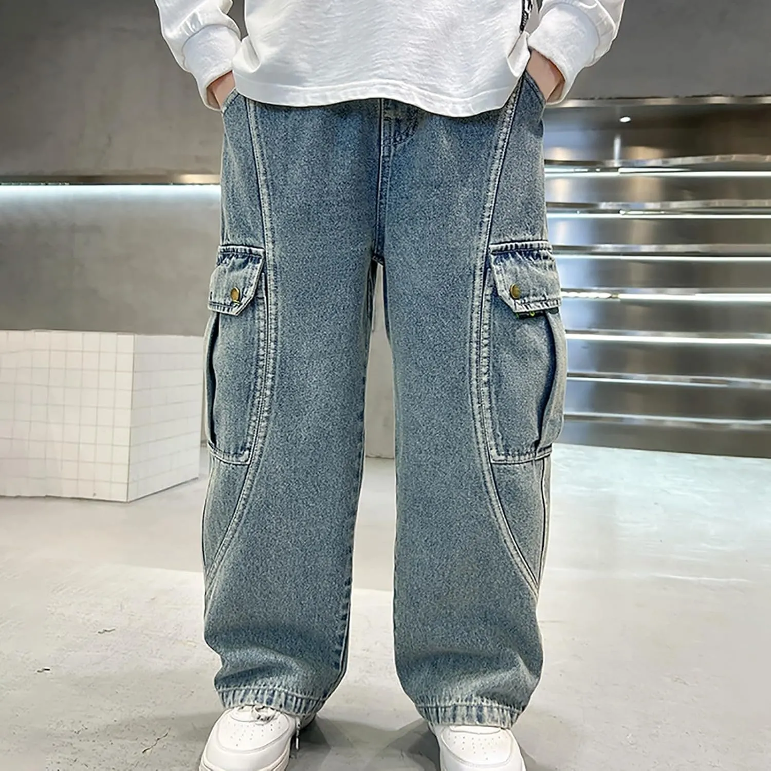 Wide Leg Cargo Jeans for Boy Baggy Elastic High Waist Loose Fit Denim Pants with Pockets Trendy 4-14 Years Kids Trousers