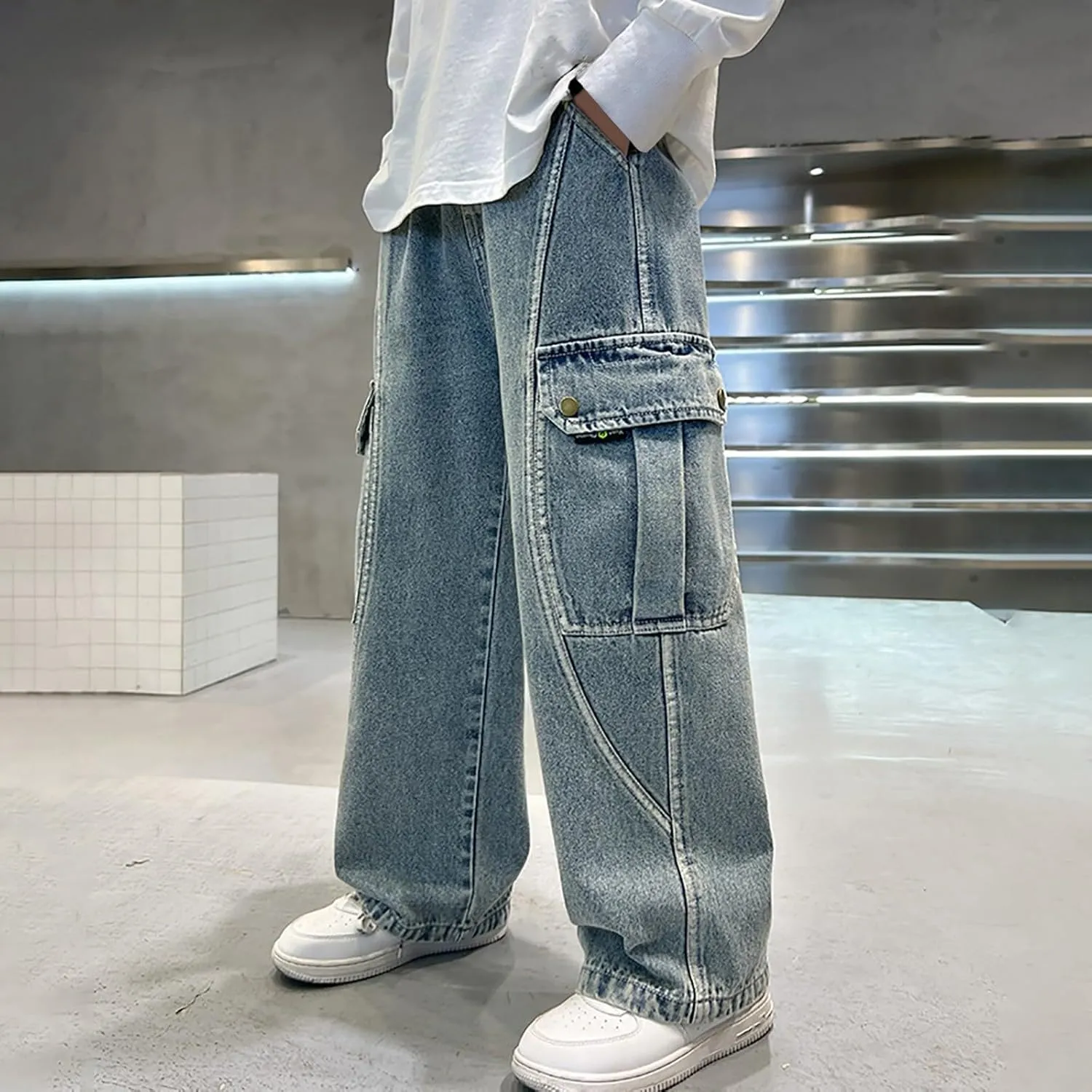 Wide Leg Cargo Jeans for Boy Baggy Elastic High Waist Loose Fit Denim Pants with Pockets Trendy 4-14 Years Kids Trousers