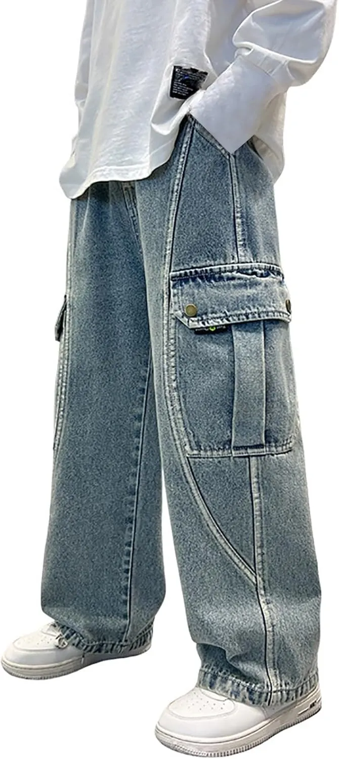 Wide Leg Cargo Jeans for Boy Baggy Elastic High Waist Loose Fit Denim Pants with Pockets Trendy 4-14 Years Kids Trousers