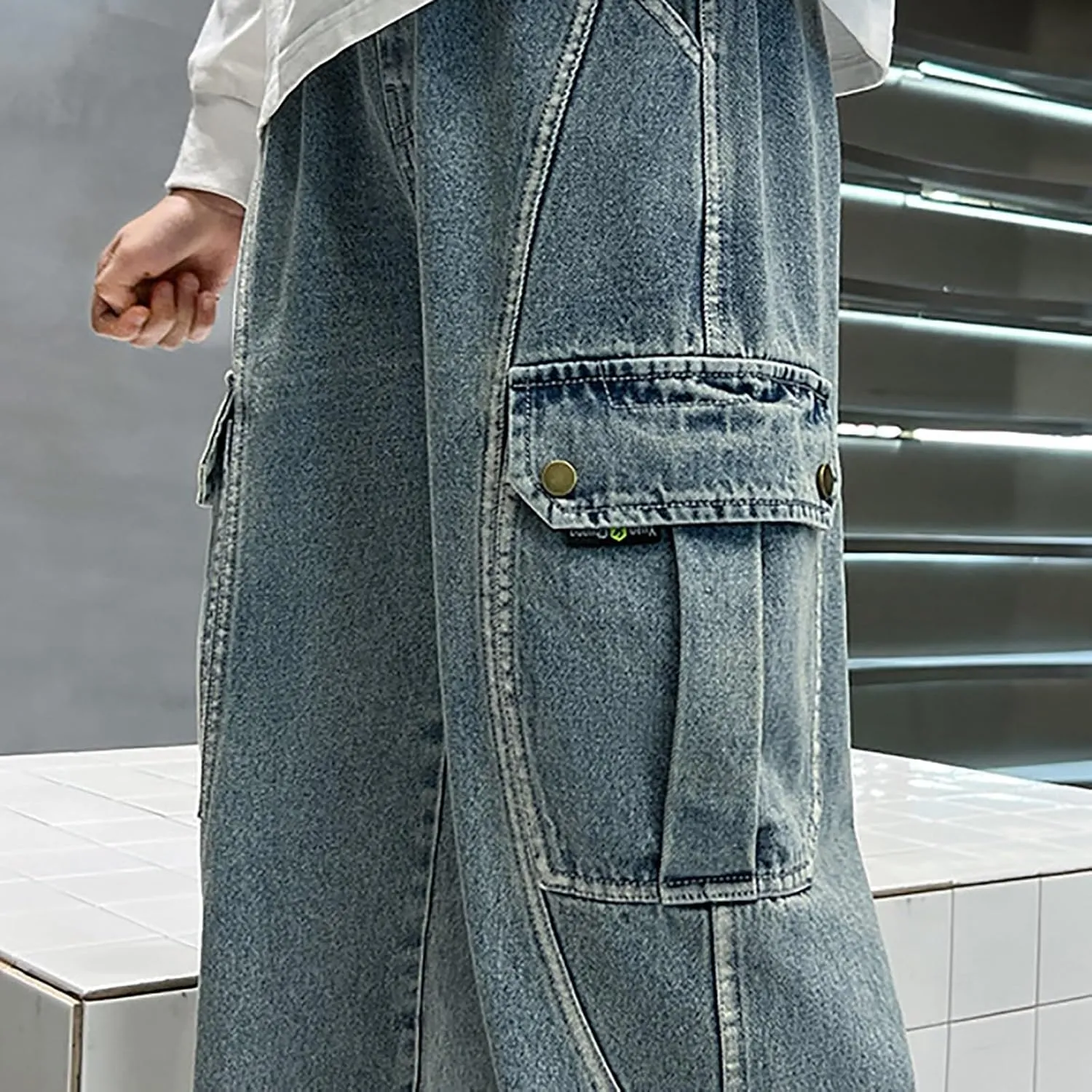 Wide Leg Cargo Jeans for Boy Baggy Elastic High Waist Loose Fit Denim Pants with Pockets Trendy 4-14 Years Kids Trousers